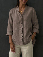 Women's Casual Cotton And Linen Ruffle Shirt