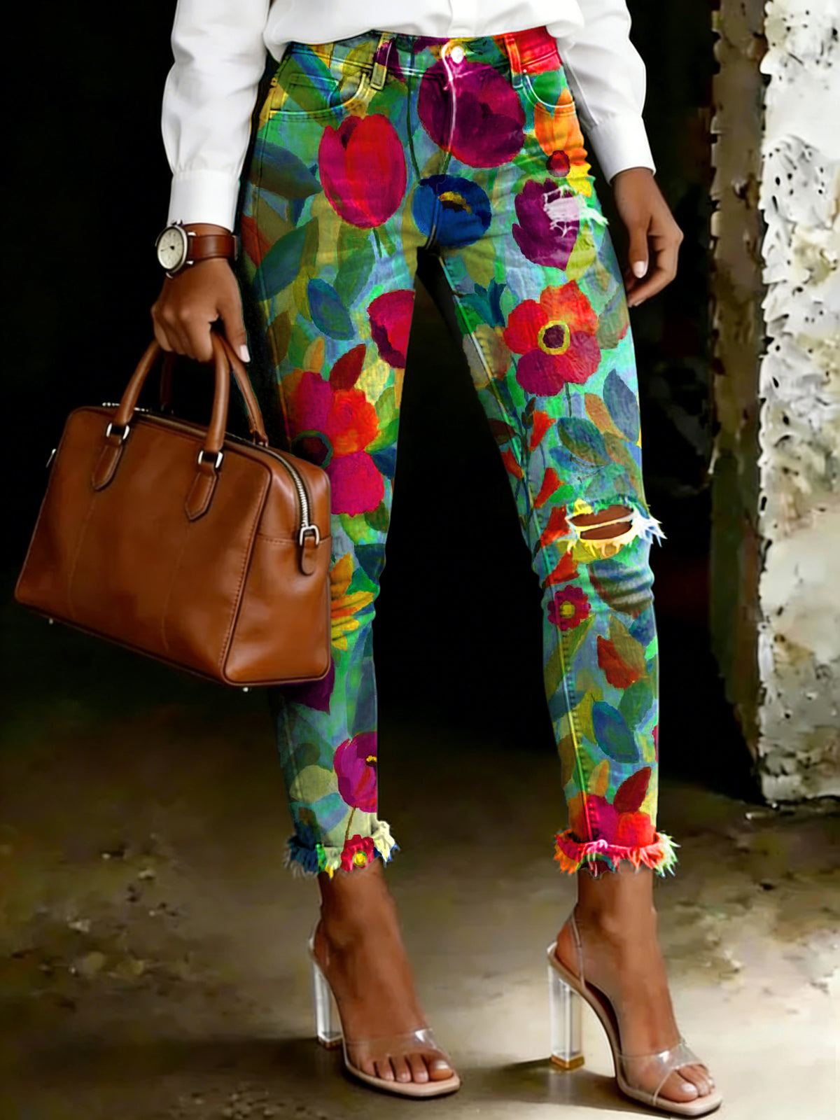 Women's Retro Colorful Floral Art Ripped Skinny Jeans
