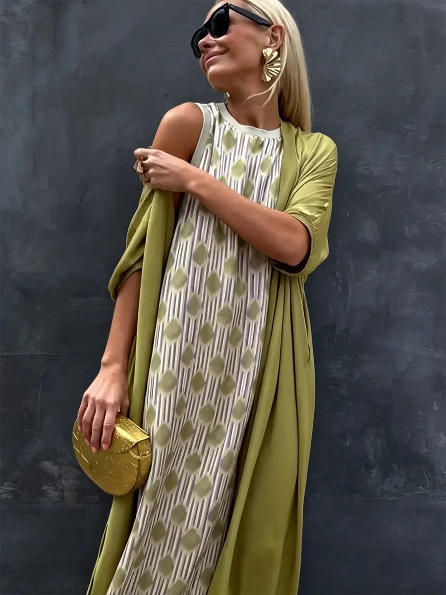 Women's Retro Art Print Two-piece Set Sleeveless Dress And Cotton Outerwear