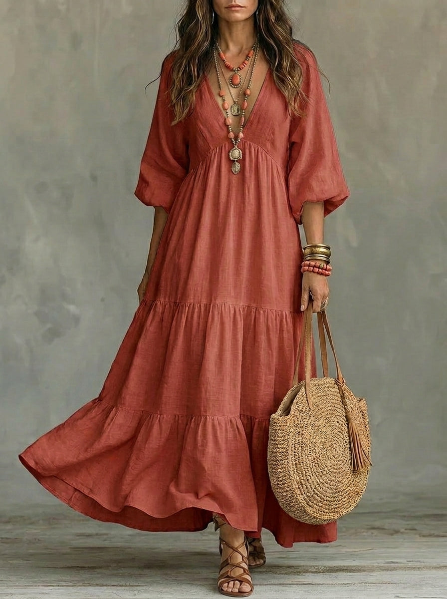 Women's V-Neck Long Sleeve Maxi Shirt Dress