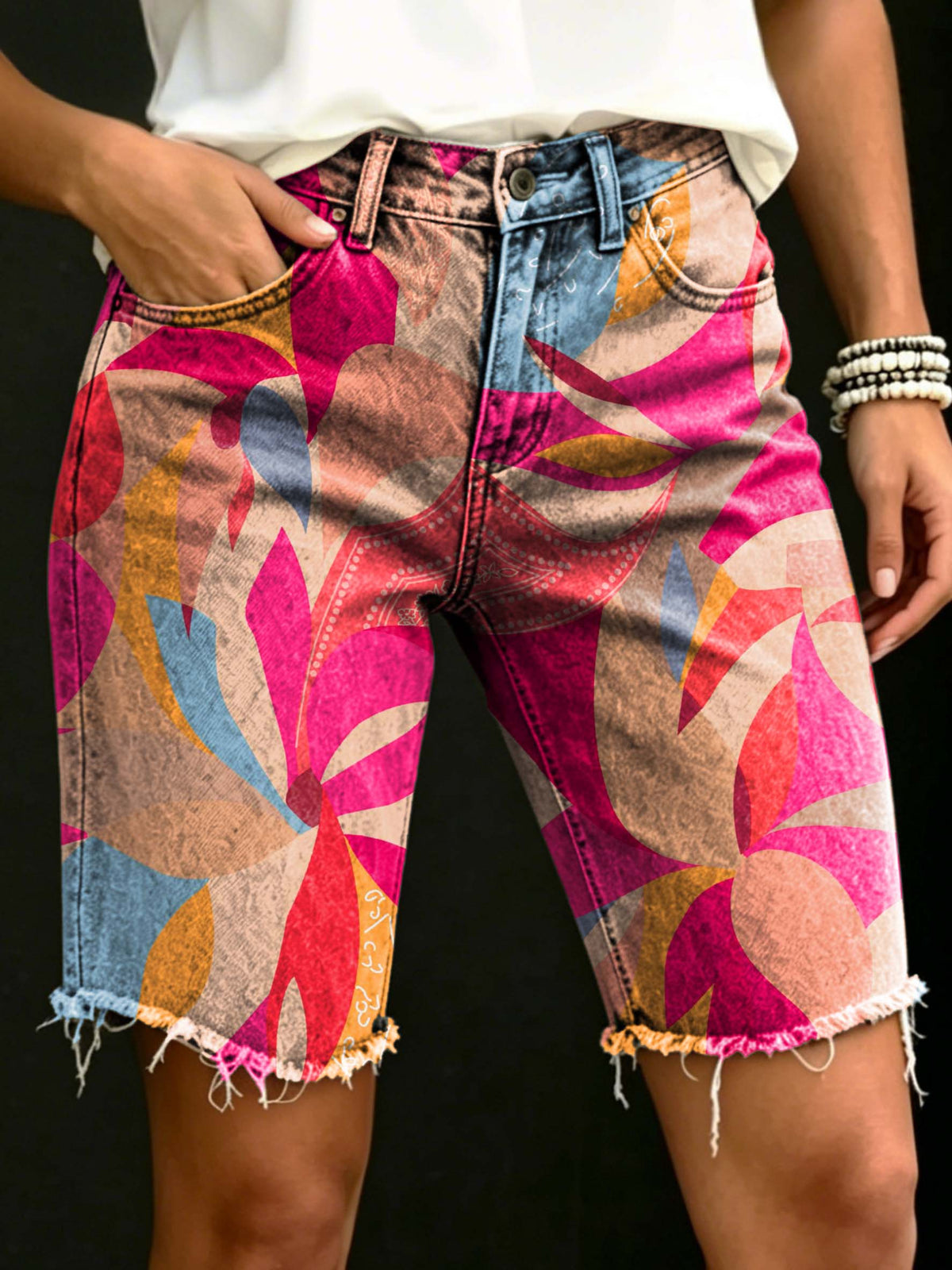 Women's Colorful Geometric Floral Print Casual Denim Shorts