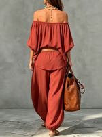 Women's Russet Cotton-linen Boat-neck Shirt Joggers Set