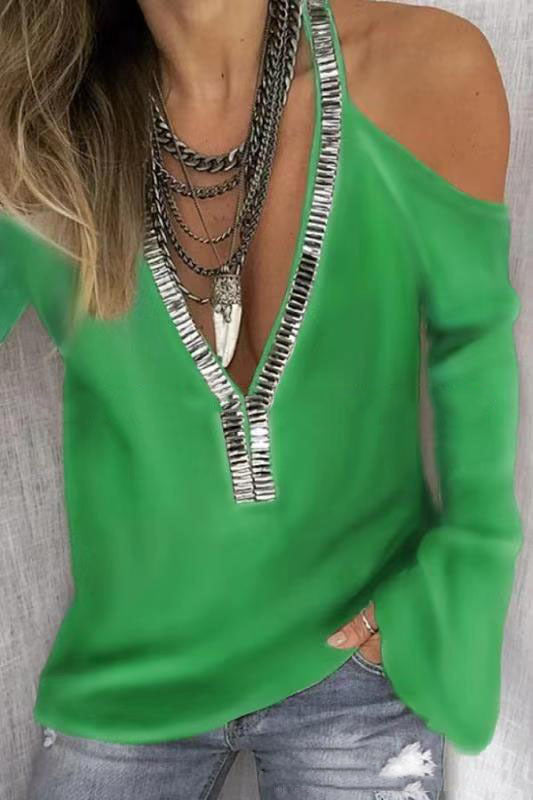 Women's Casual Solid-color Paneled V-neck Sequin Long-sleeve T-shirt