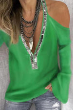 Women's Casual Solid-color Paneled V-neck Sequin Long-sleeve T-shirt