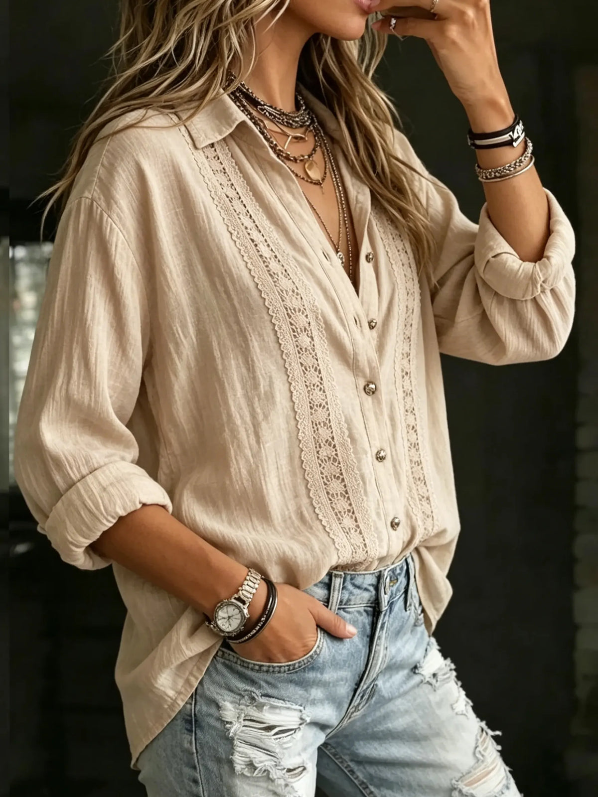 Women's Casual Linen And Cotton Shirt With Lace Splicing
