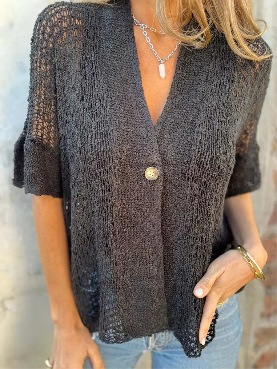 Casual Vacation Style Single-button Open-knit Cardigan Top