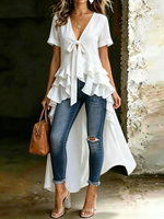 Women's V-neck Tie-front Chiffon Top With High-low Ruffled Hem