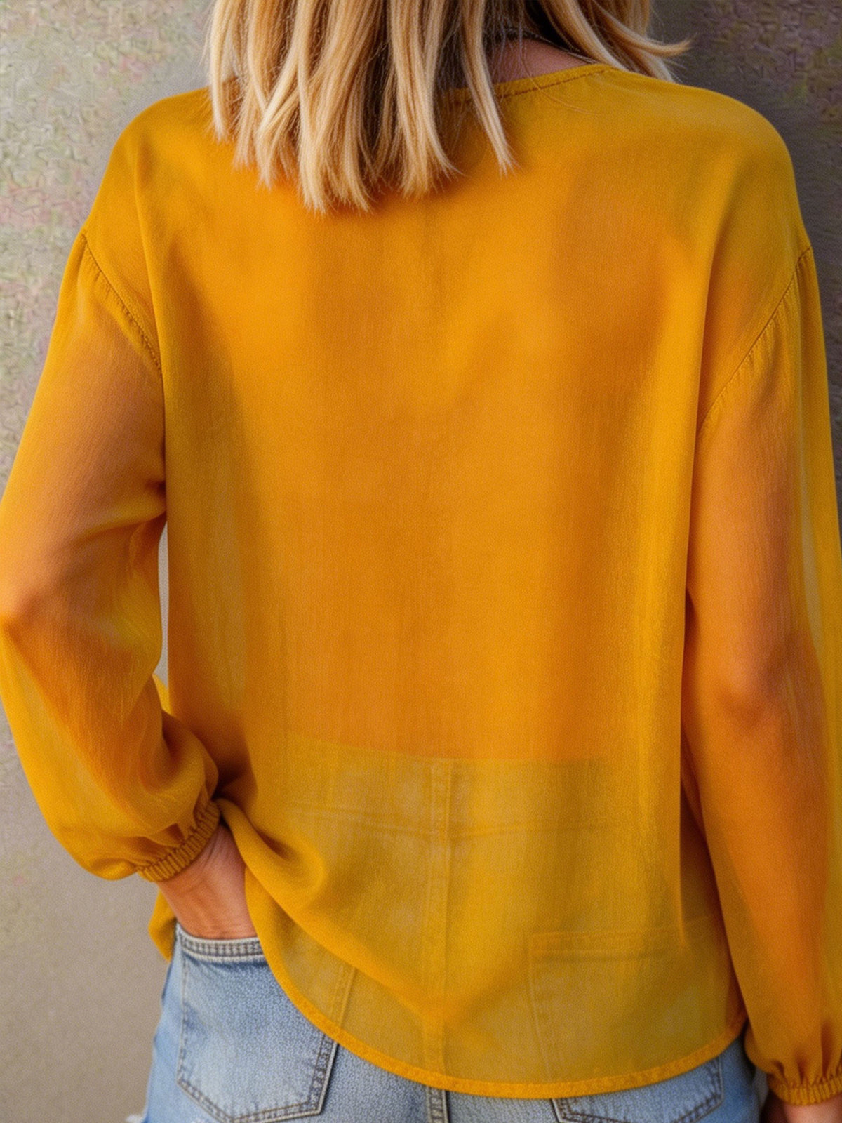 Women's Summer Casual Long-sleeve Loose Drawstring Neckline Organza Top
