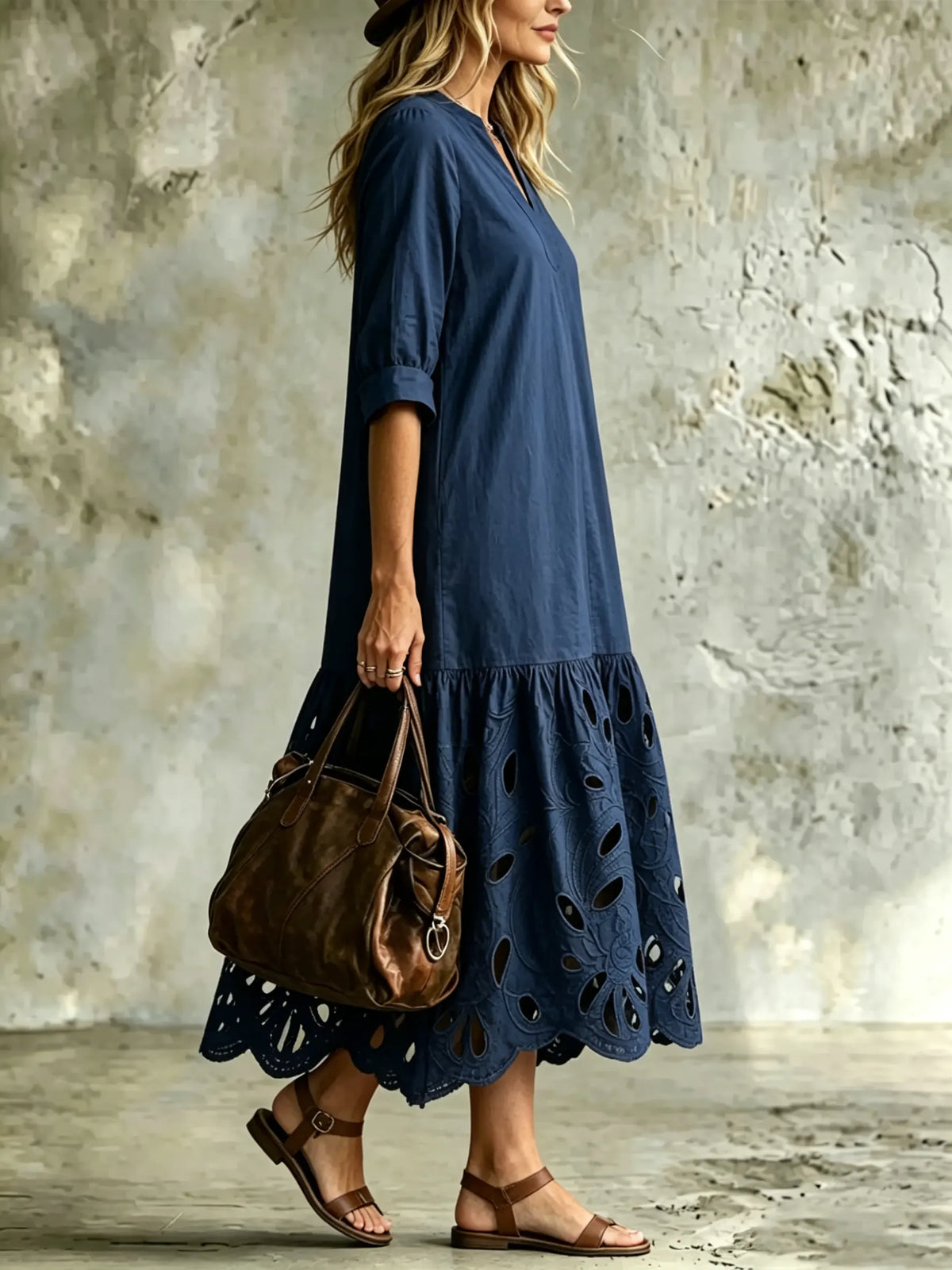 Women's V-neck 3/4 Sleeve Cutwork Cotton Midi Dress