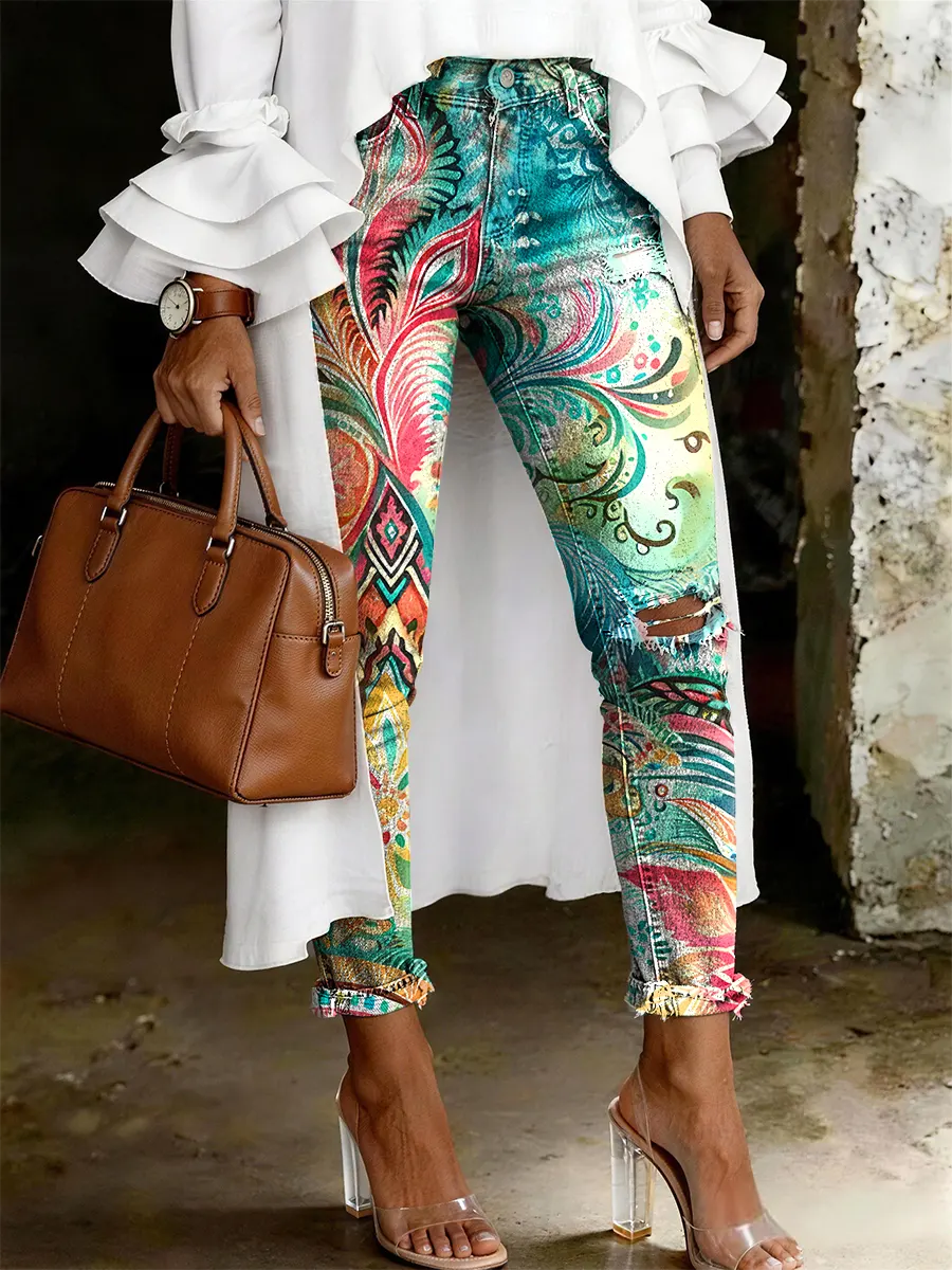 Women's Fashion Casual Multicolor Flowers Art Print Ripped Skinny Jeans