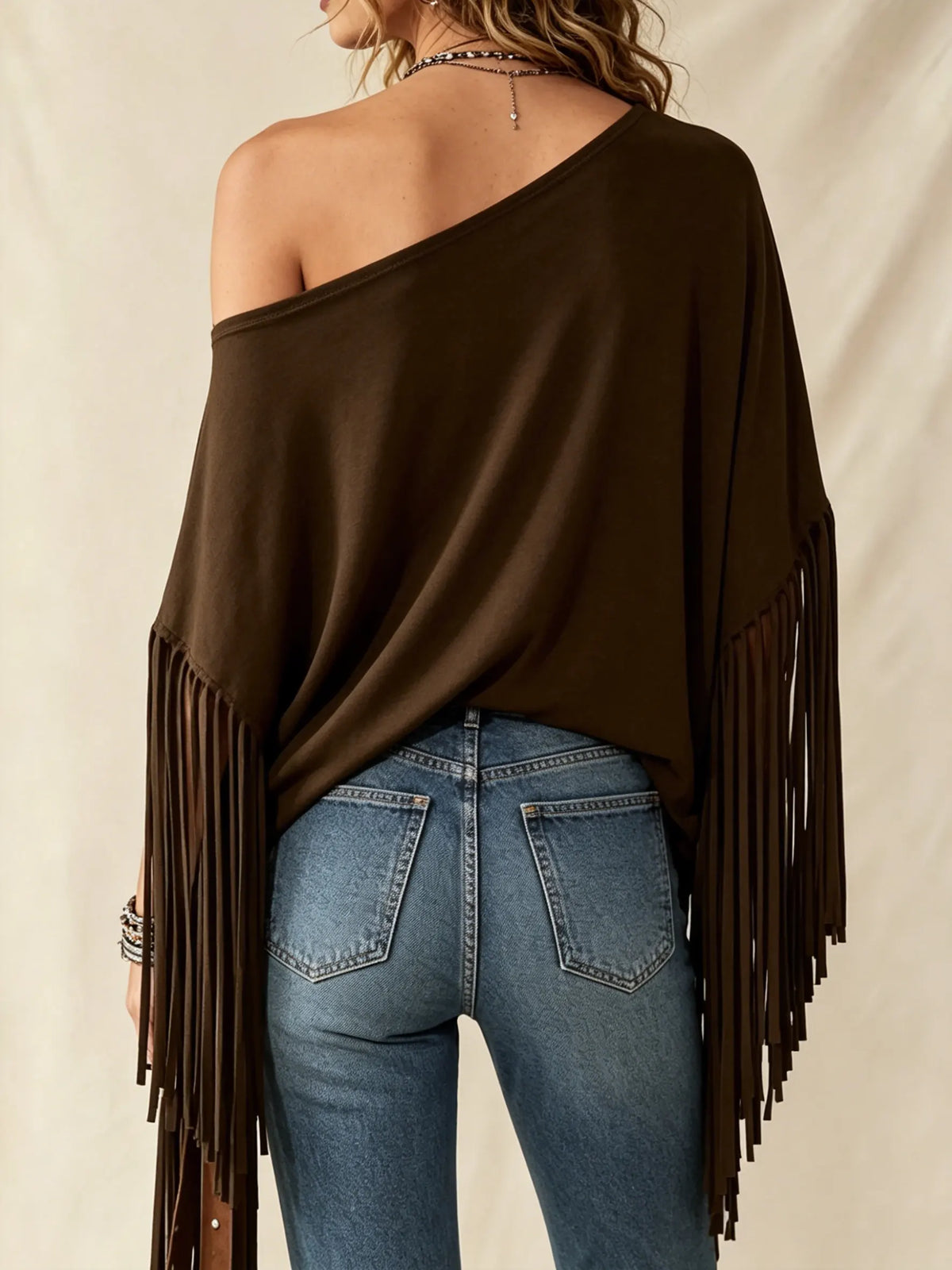 Women's Loose Fit Off-Shoulder Tassel Hem Top - Asymmetrical Fringe Blouse