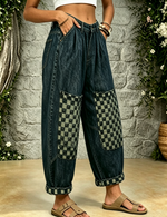 Women's Distressed Denim Jeans With Checkerboard Patchwork