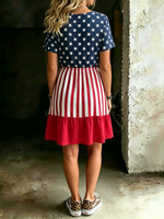 Women's American Patchwork Art Print V-neck Short-sleeve Dress