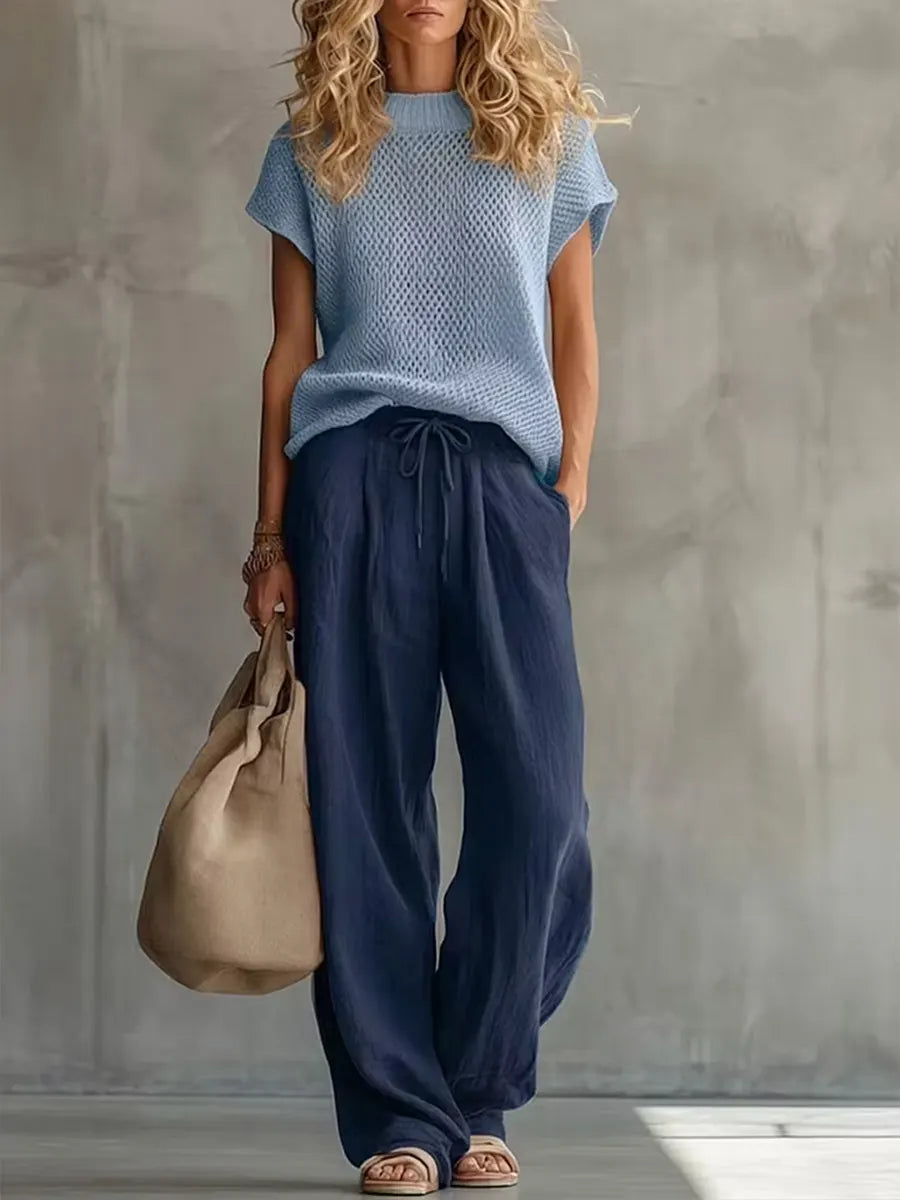 Women's Loose Knitted Short-sleeve Top And Pants Two-piece Set