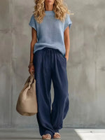 Women's Loose Knitted Short-sleeve Top And Pants Two-piece Set