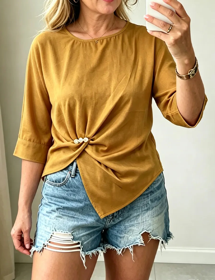Women's Elegant Twist Front Blouse With Pearl Embellishment