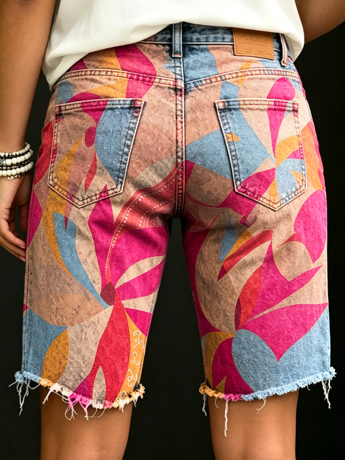 Women's Colorful Geometric Floral Print Casual Denim Shorts