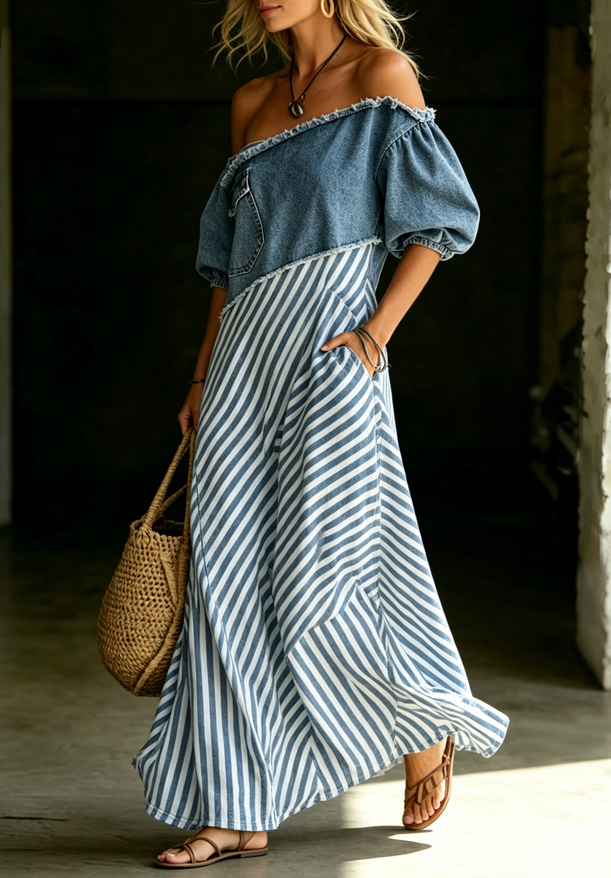 Women's Asymmetric Off-shoulder Denim-panel Puff-sleeve Dress