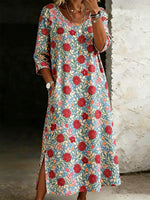 Women's Casual Retro Floral Print Cotton Linen Dress Round Neck And Side Slits