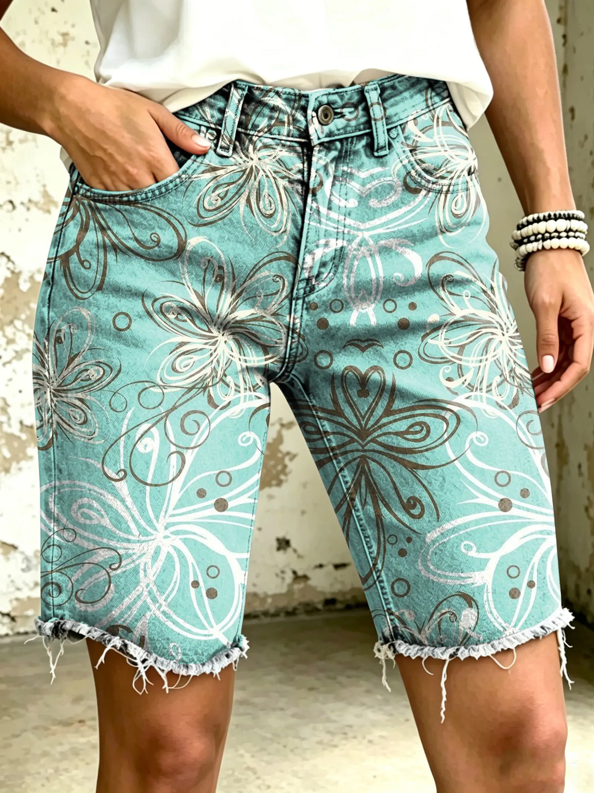 Women's Vividly Floral Totem Art Print Casual Denim Shorts