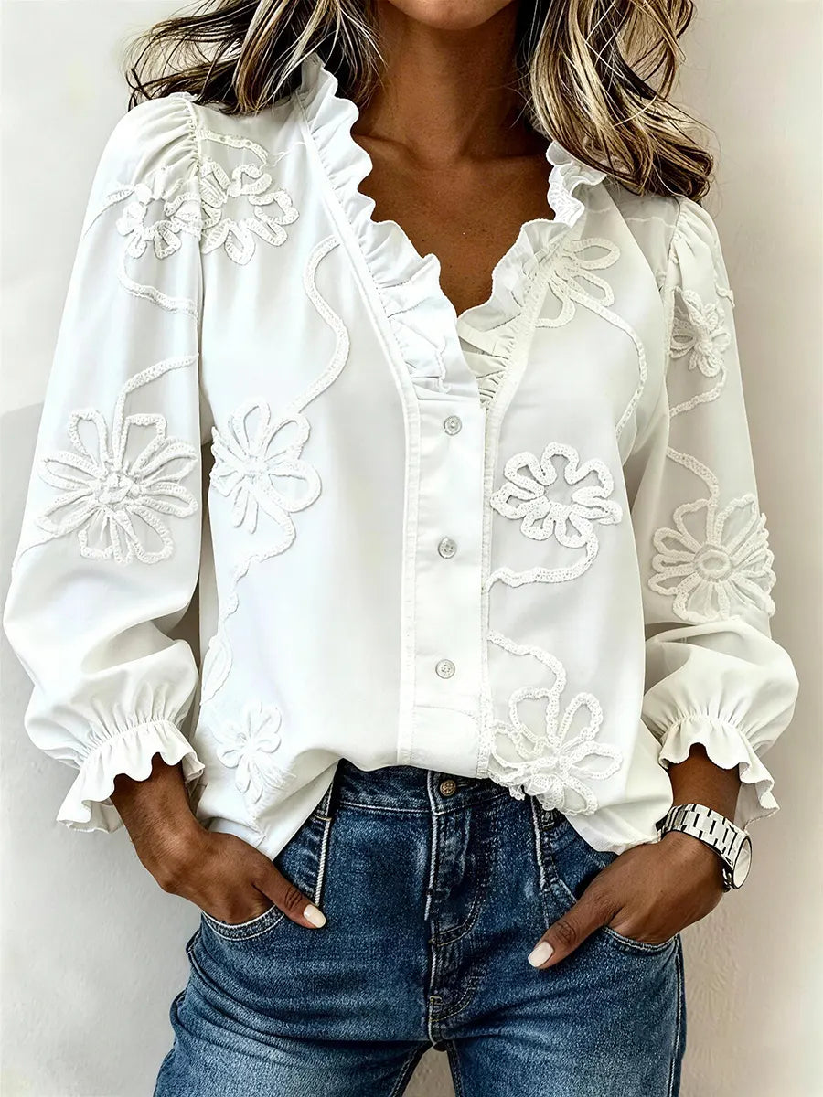Women's Fashion Casual Loose-fit V-neck Dimensional Embroidery Flowerscotton Shirt