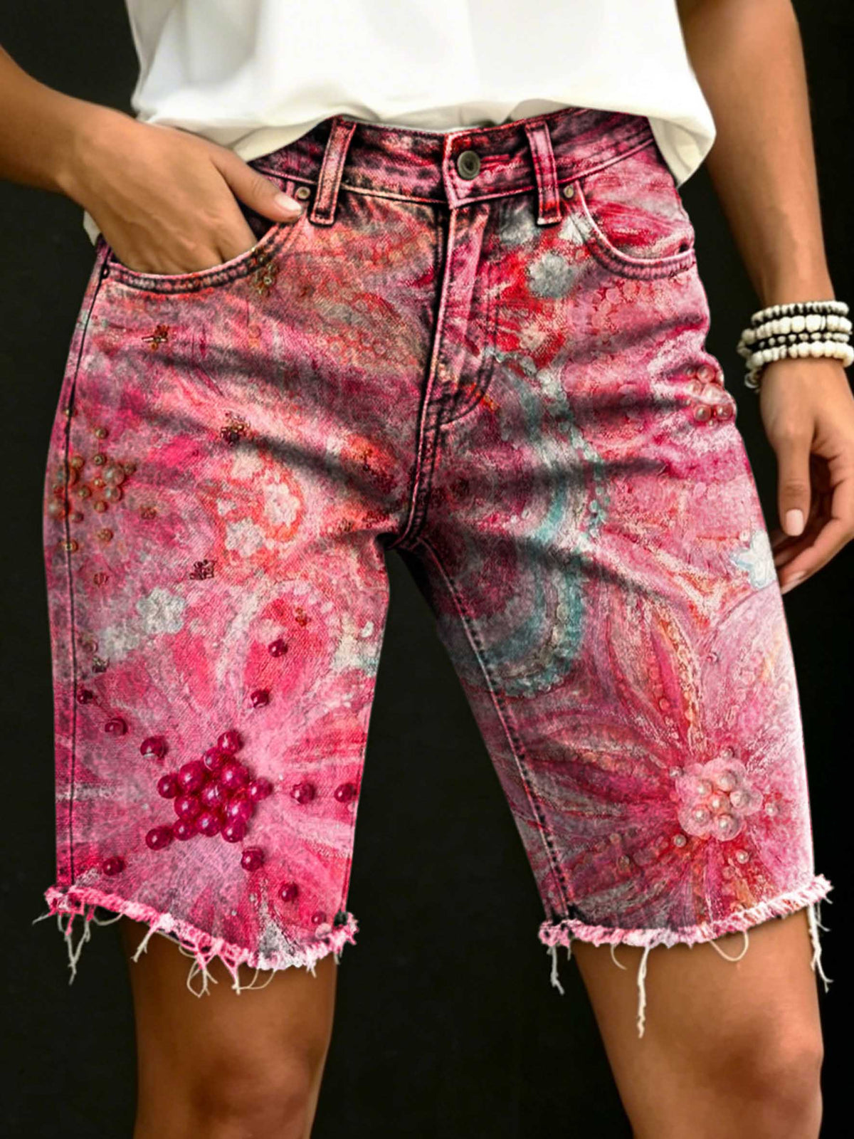 Women's Floral Art Print Casual Denim Shorts
