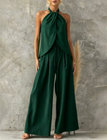 Women's Vintage Green Sleeveless Backless Top Trousers Set