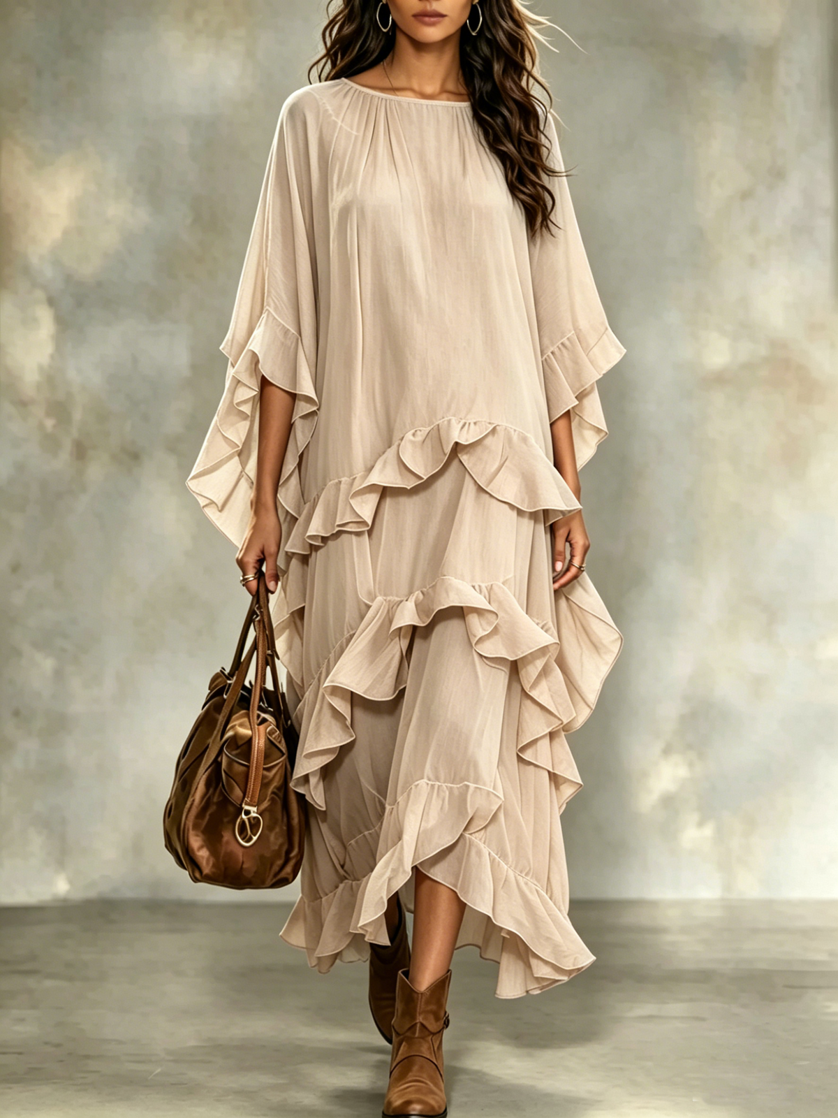 Women's Boho Crew Neck Tiered Ruffle Maxi Dress