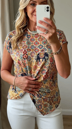 Bohemian Summer Holiday Printed Tee - Short Sleeve Twist Knot Waist Top