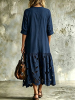 Women's V-neck 3/4 Sleeve Cutwork Cotton Midi Dress