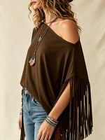 Women's Loose Fit Off-Shoulder Tassel Hem Top - Asymmetrical Fringe Blouse