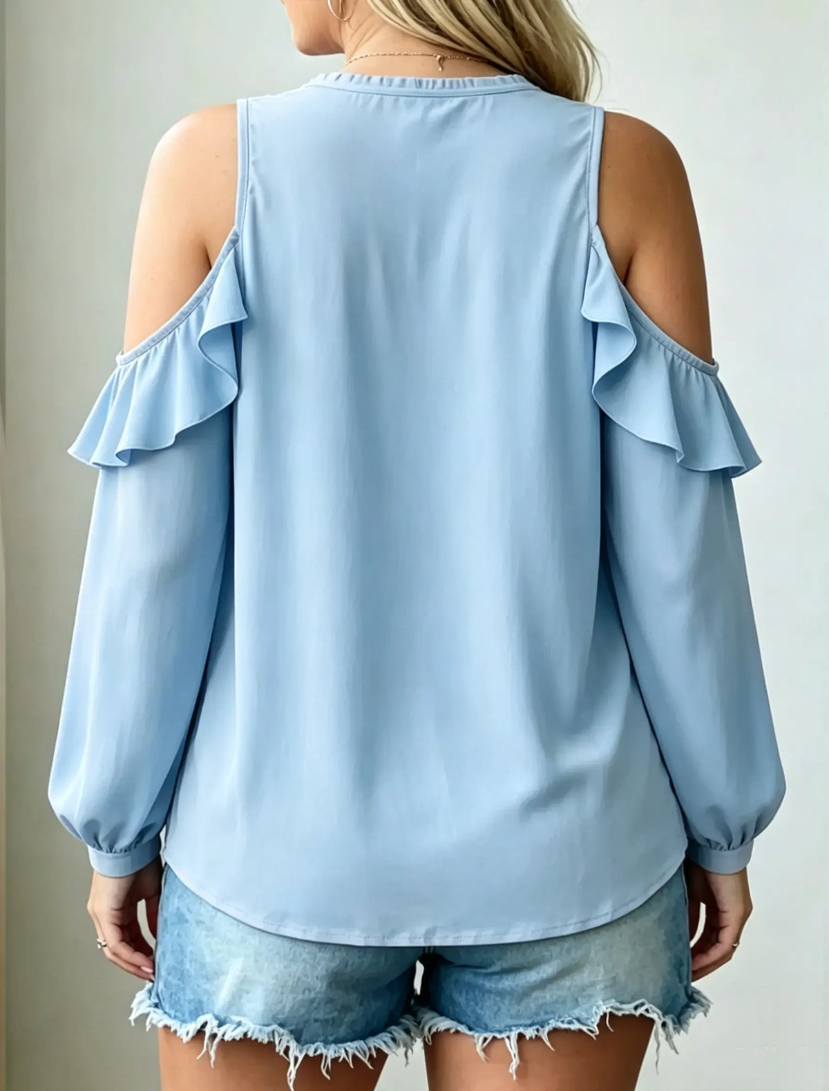 Women's Cold Shoulder Ruffle Blouse Tie Neck Long Sleeve Casual Tops