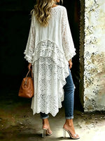 Women's Round Neck Flare Sleeve White Lace Blouse