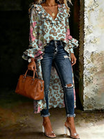 Women's Leopard Floral Art Casual Ruffled V-neck Cotton Shirt