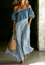 Women's Asymmetric Off-shoulder Denim-panel Puff-sleeve Dress