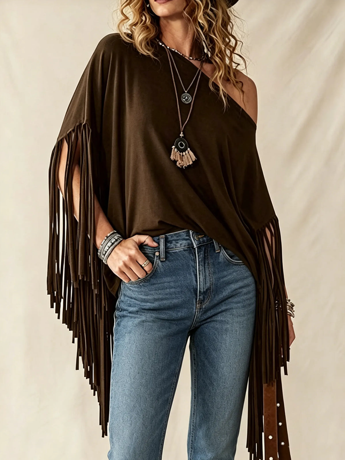 Women's Loose Fit Off-Shoulder Tassel Hem Top - Asymmetrical Fringe Blouse