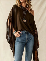 Women's Loose Fit Off-Shoulder Tassel Hem Top - Asymmetrical Fringe Blouse