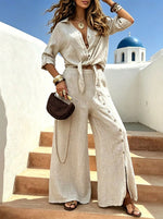 Women‘s Linen-cotton Casual Cardigan With Long Sleeves And Button-fastened Wide-leg Pants Set