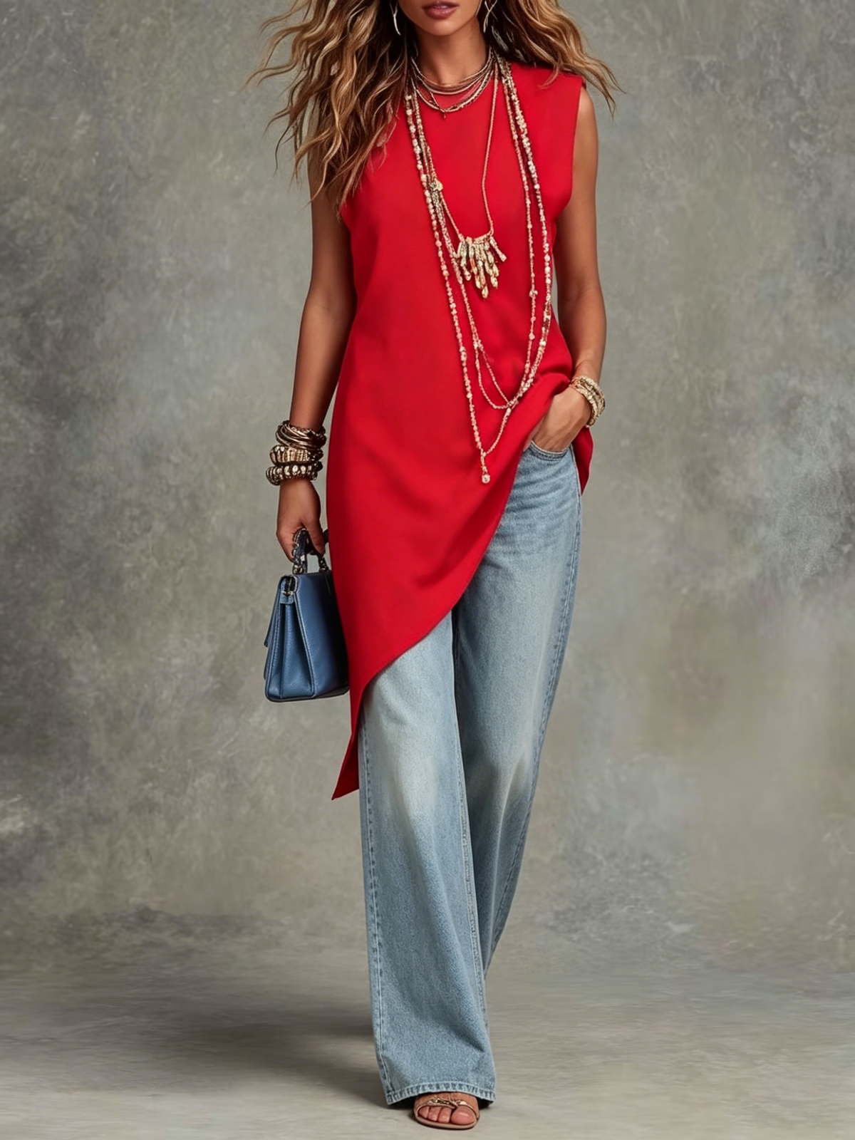 Women's Sleeveless Red Belted Top Jeans Set