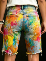 Women's Bohemian Colorful Abstract Art Print Casual Denim Shorts