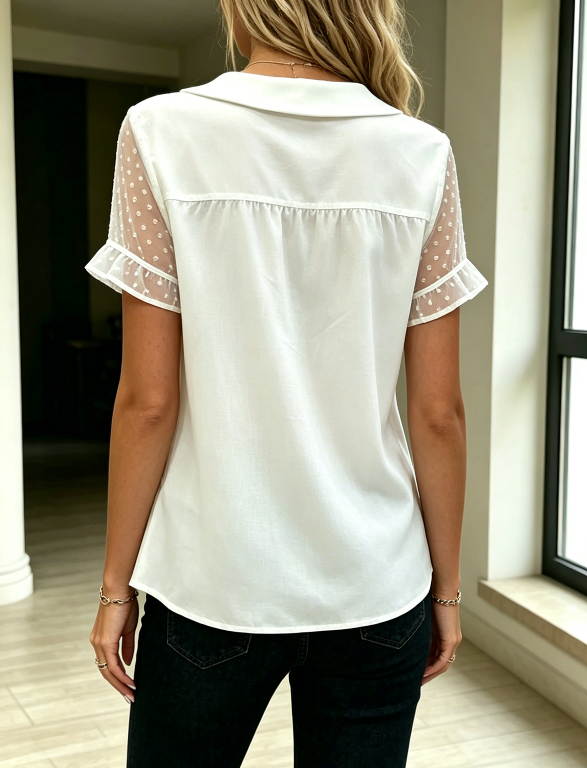 Women's Chiffon Top With Peter Pan Collar And Sheer Polka-dot Mesh Sleeves