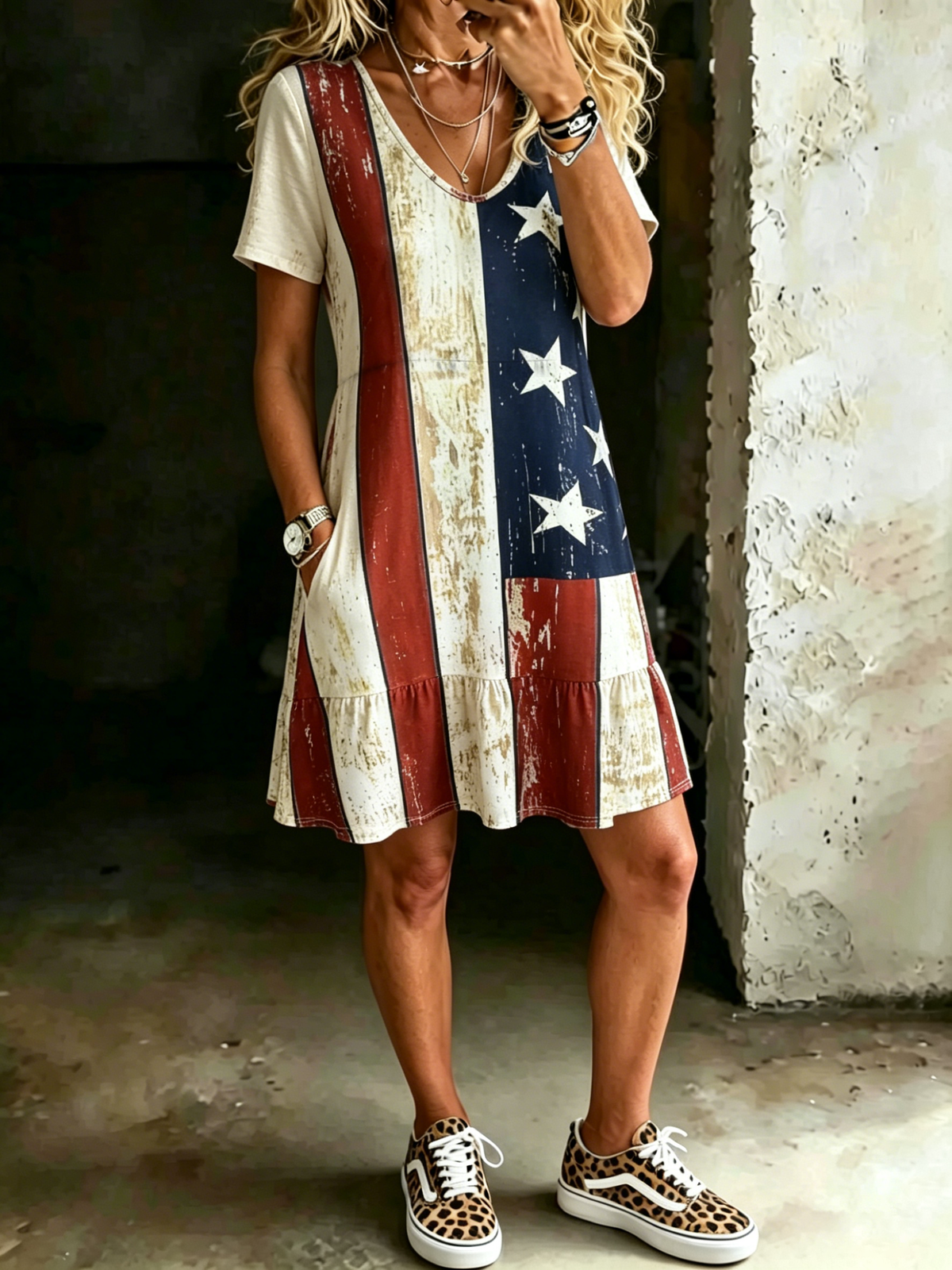 Women's American Flag Print V-neck Short-sleeve Dress