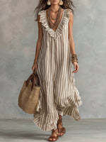 Women's V-neck Ruffled Summer Stripe Maxi Dress