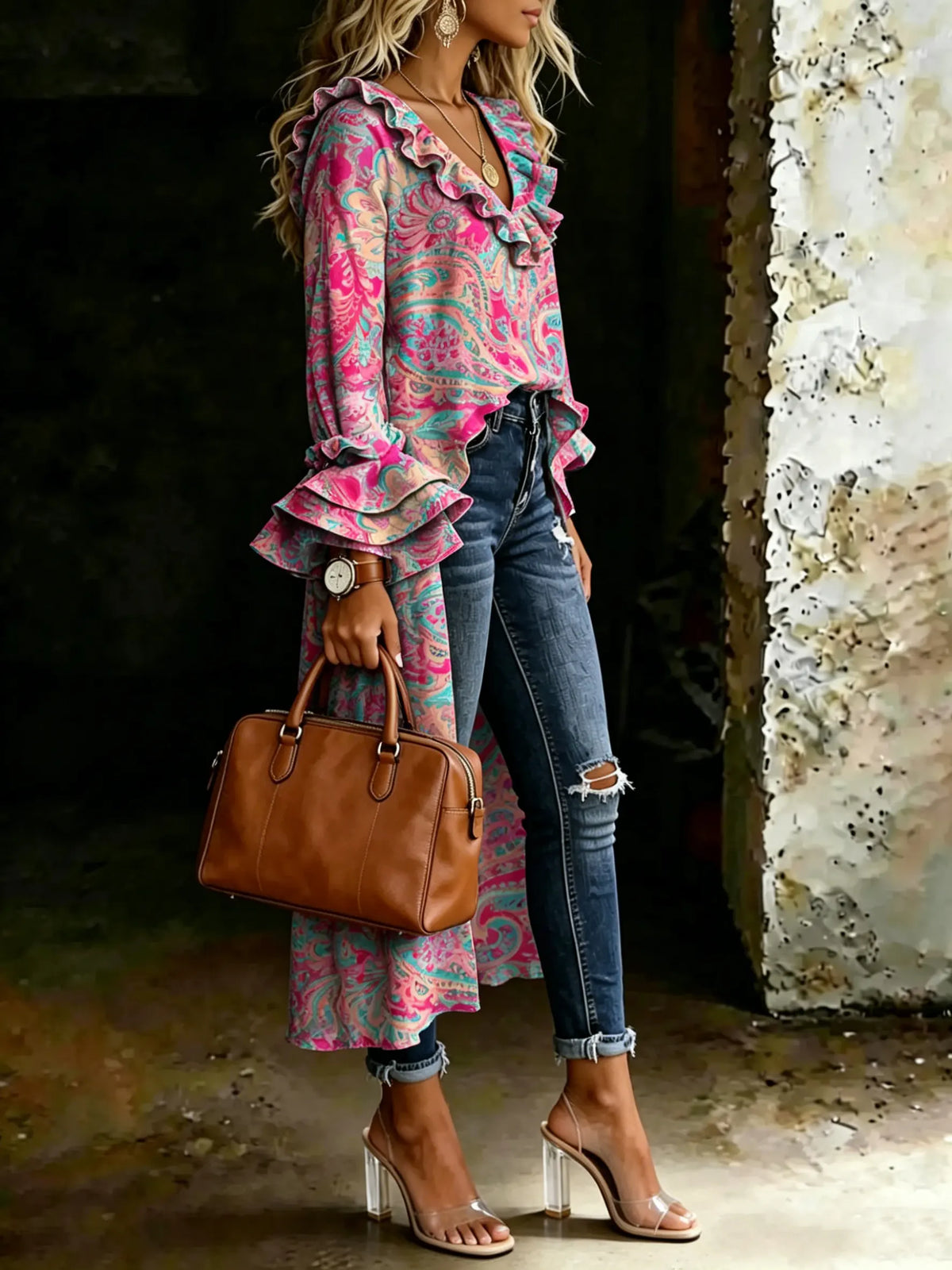 Women's Paisley Floral Art Casual Ruffled V-neck Cotton Shirt