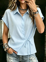 Women's Casual Solid Color Tie Waist Short Sleeve Blouse