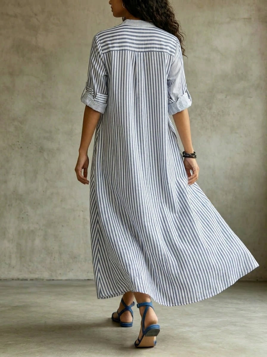 Women's Striped Print Stand-Collar Long-Sleeve Maxi Dress