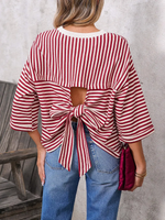 Women's Casual Crew-neck Striped Short-sleeve Top With Back Tie-bow Detail