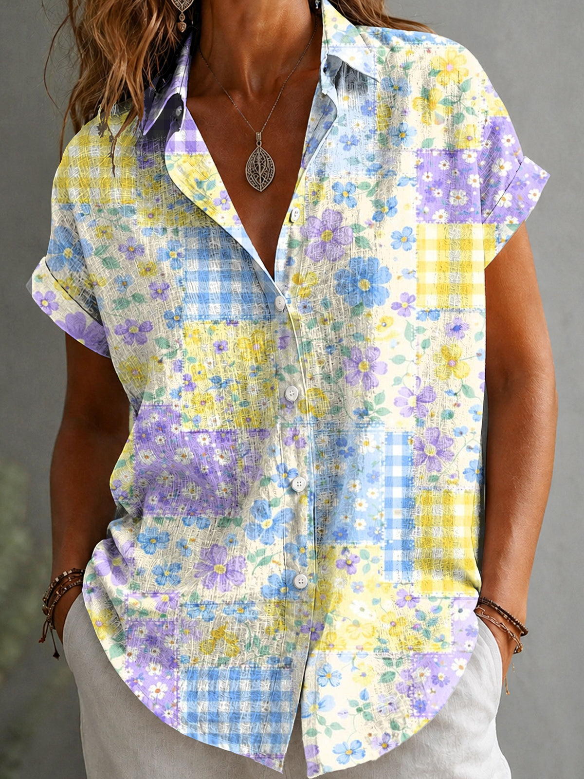 Women's Flower Patchwork Short Sleeve Casual Shirts