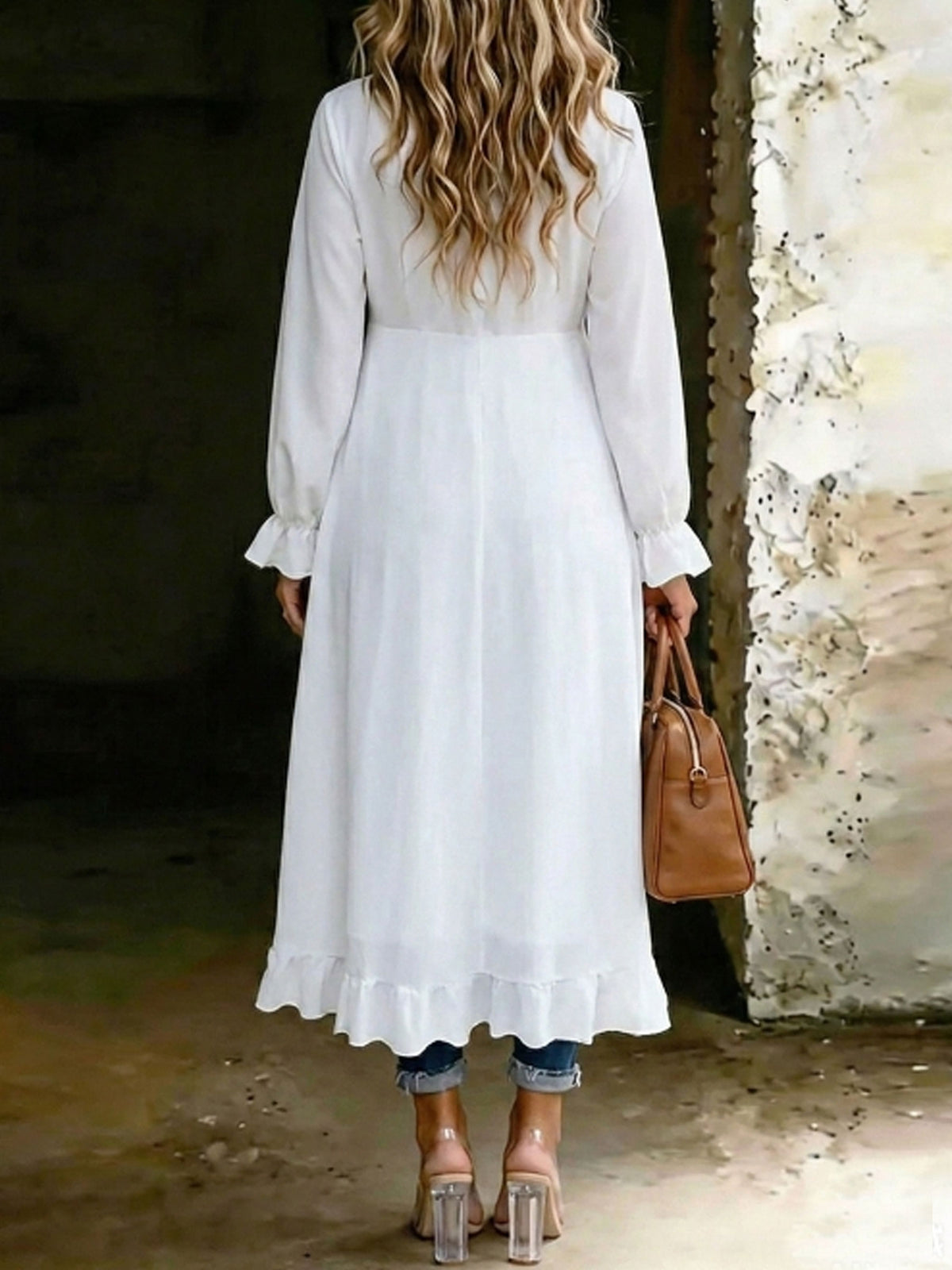 Women's V-neck Ruffled Hem High-low Asymmetrical Long Sleeves Blouse