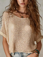 Casual Vacation Style Bohemian Crochet-knit Solid-color Short-sleeve Sweater